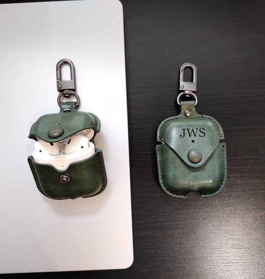 Personalised Green Apple Airpod Case, Protective Case Protector, Engraved and Handmade PU Leather, Customised Airpod Case