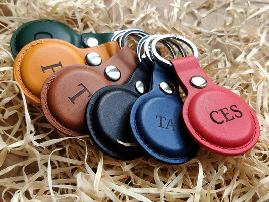 Personalised Apple AirTag Case, Protective Air Tag Case Cover Key Ring Key Chain, Engraved and Handmade PU Leather, Customised AirTag Case
